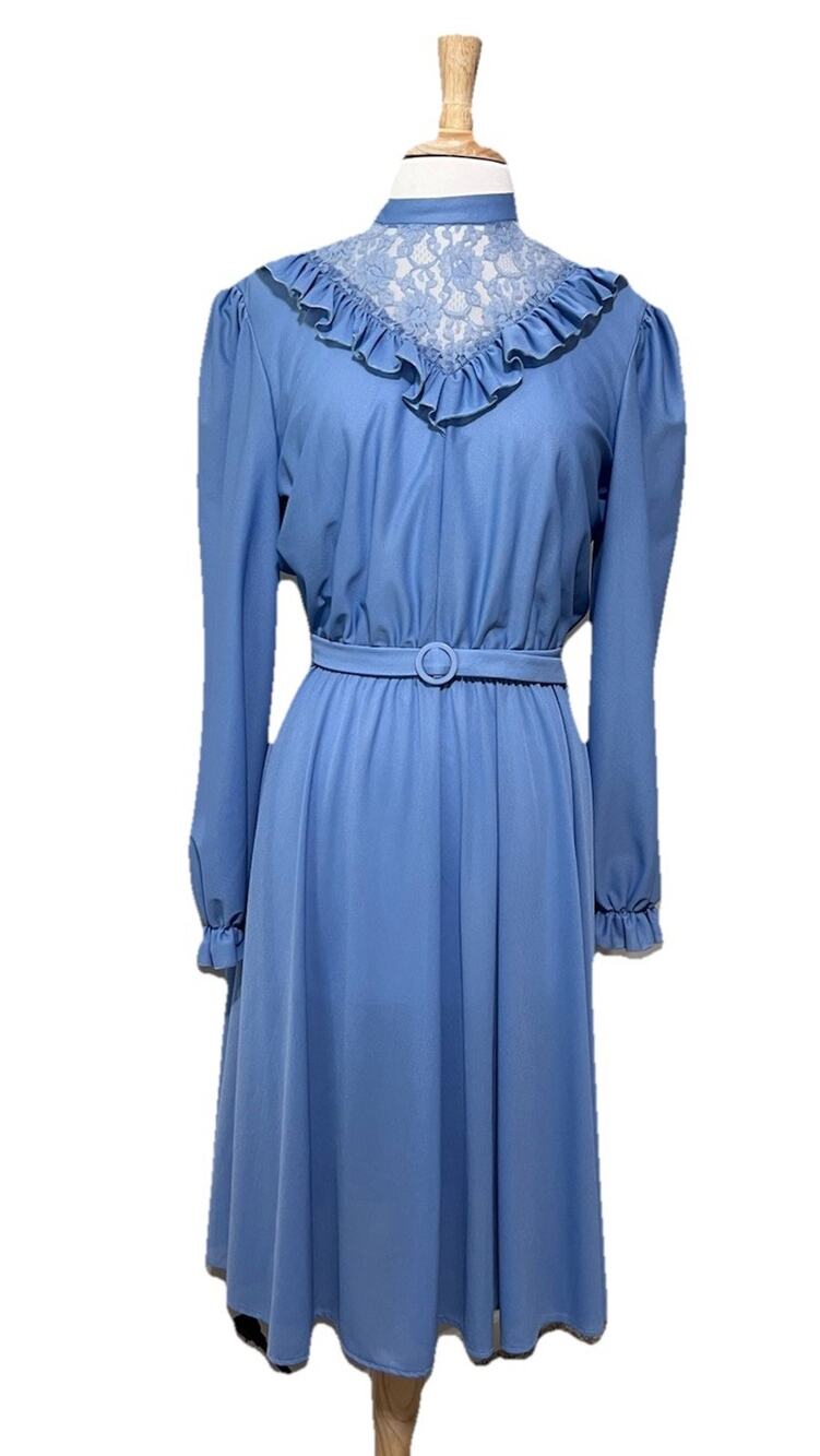 Boston Maid 70s Prairie Midi Dress High Ruffle Lace Neck Powder Blue size 16